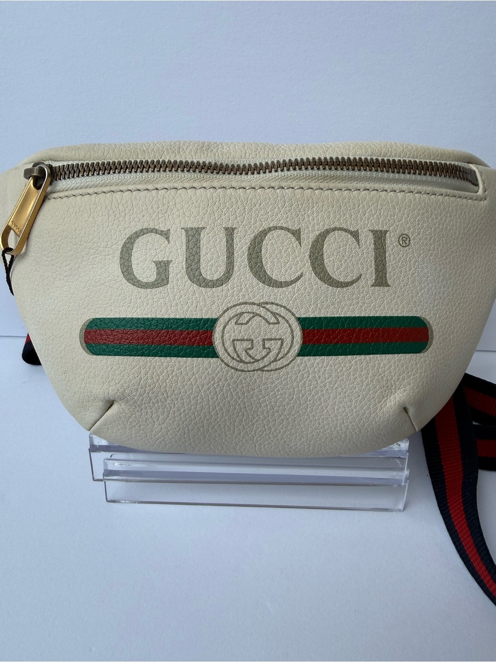 Gucci Cream Leather Fanny Pack/Sling with Green and Red Stripe